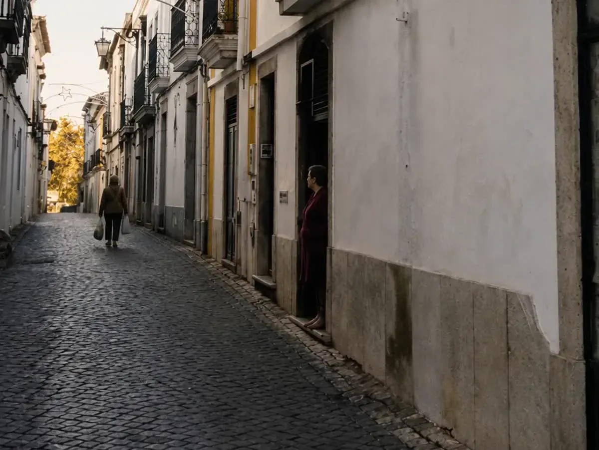 Quiet cobbled street in Beja's old town at dusk, a resident at her doorway